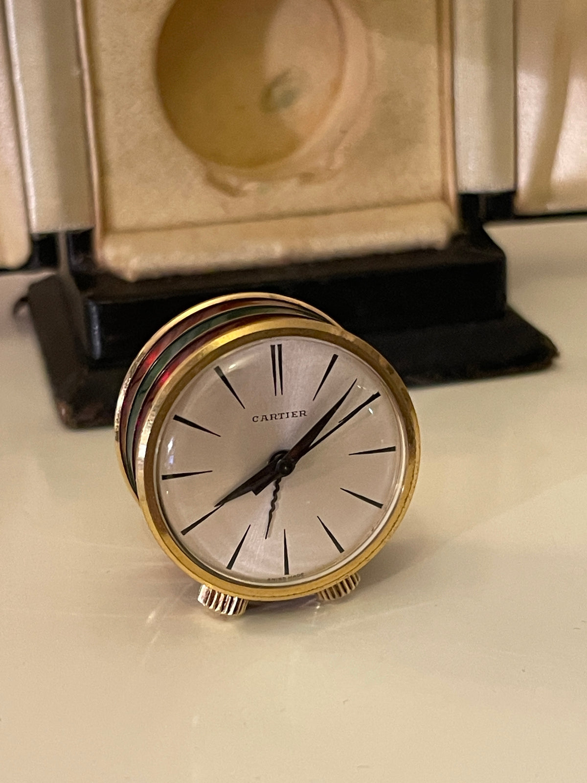 Miniature Brass and Enamel Cartier Musical Alarm Clock 1960s