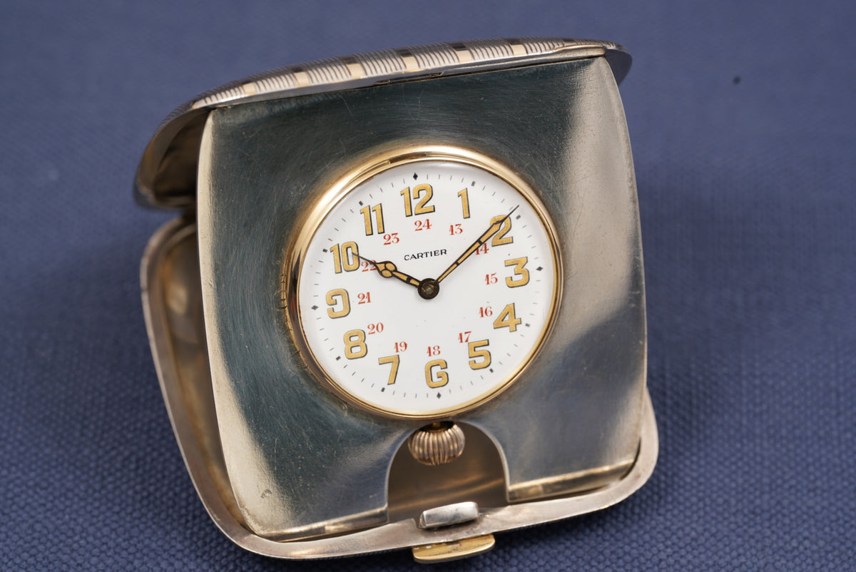 Cartier Sterling Silver and Gold Inlay Foldable Travel Clock with Box