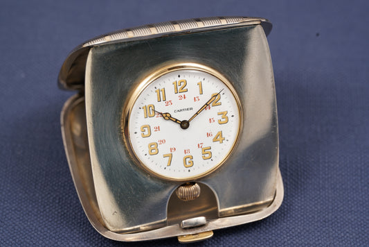 Cartier Sterling Silver and Gold Inlay Foldable Travel Clock with Box
