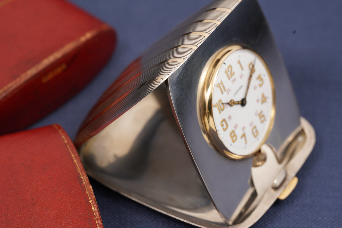 Cartier Sterling Silver and Gold Inlay Foldable Travel Clock with Box