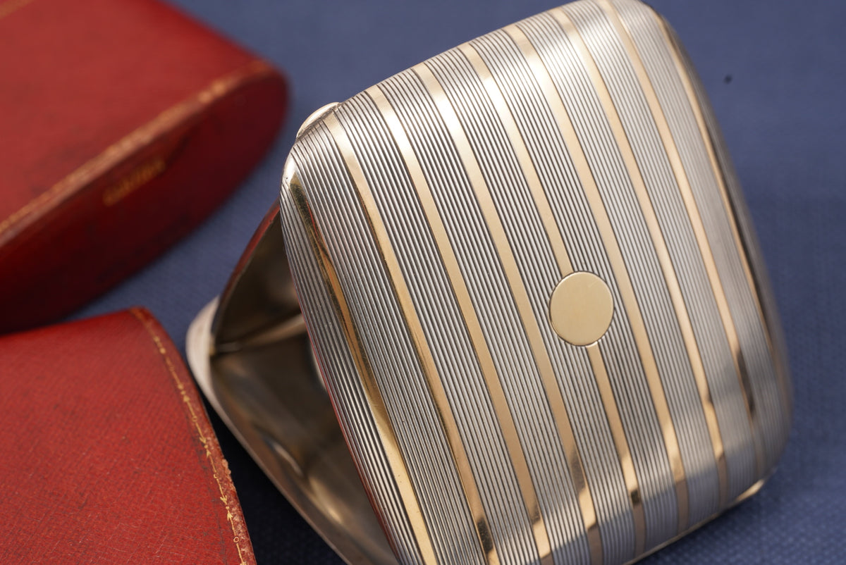 Cartier Sterling Silver and Gold Inlay Foldable Travel Clock with Box